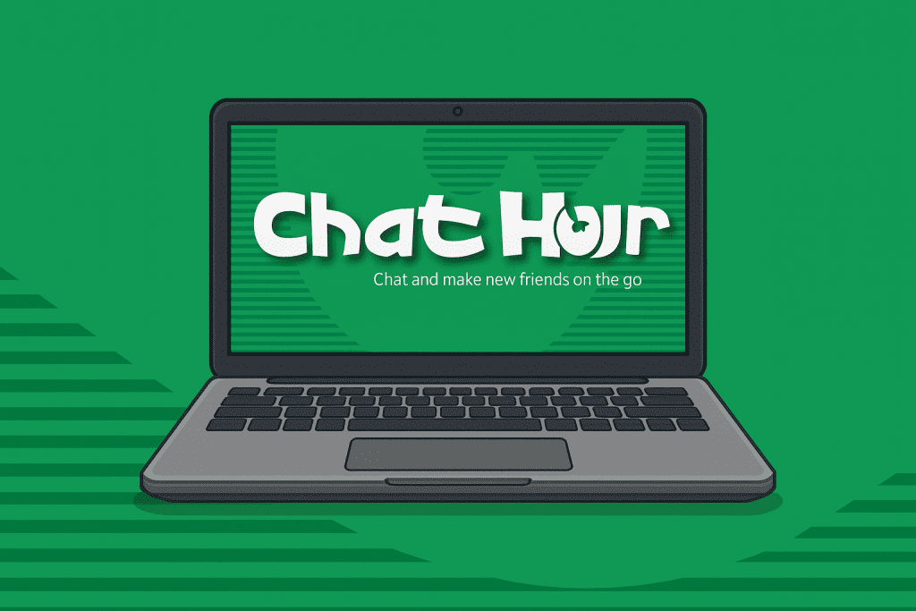 Chat Hour interface showing chat rooms, anonymous text and cam options, global stranger chat features, and online video chat community for meeting new people