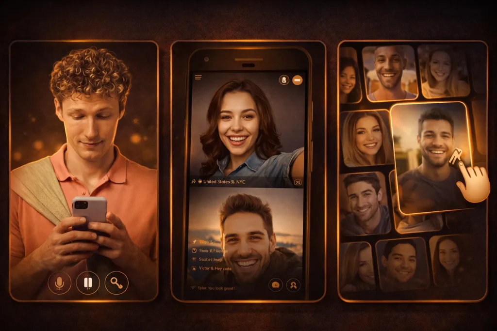 cam dating interface visual representing online video chat platform with instant pairing system to meet people online