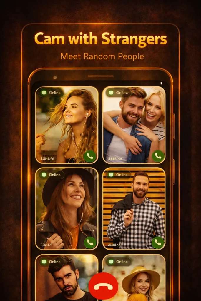 cam with strangers interface visual representing anonymous video chat and instant pairing system to chat to strangers online