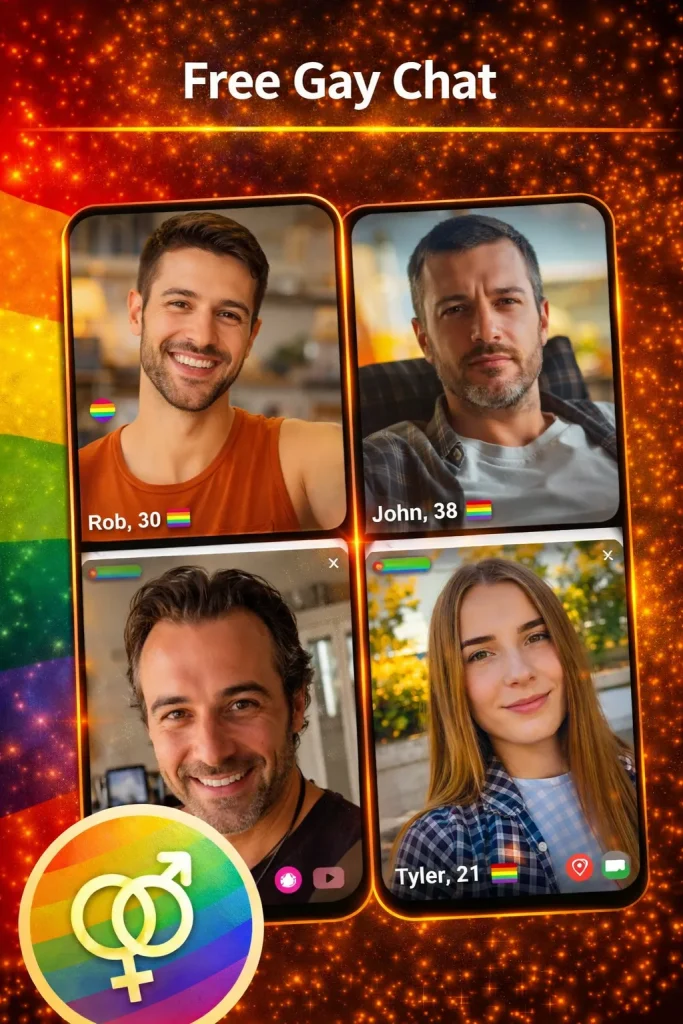 free gay chat interface representing anonymous video chat and instant pairing system to chat with strangers online