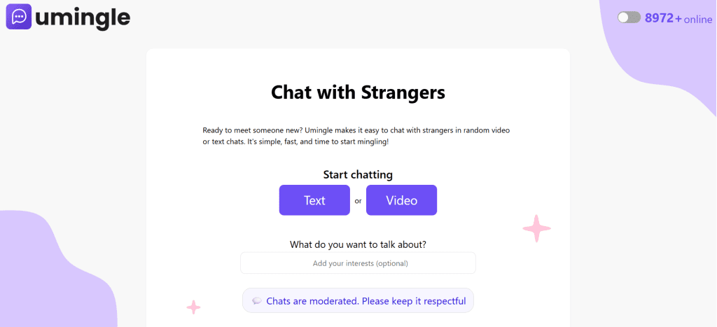 umingle image showing random video chat platform with anonymous pairing system to chat to strangers online instantly