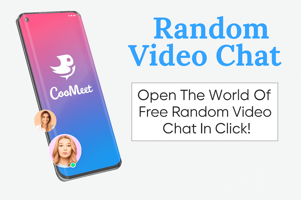 CooMeet app and web interface showing private cam-to-cam chat features, live girl video chat, and random pairing system for instant online connections.