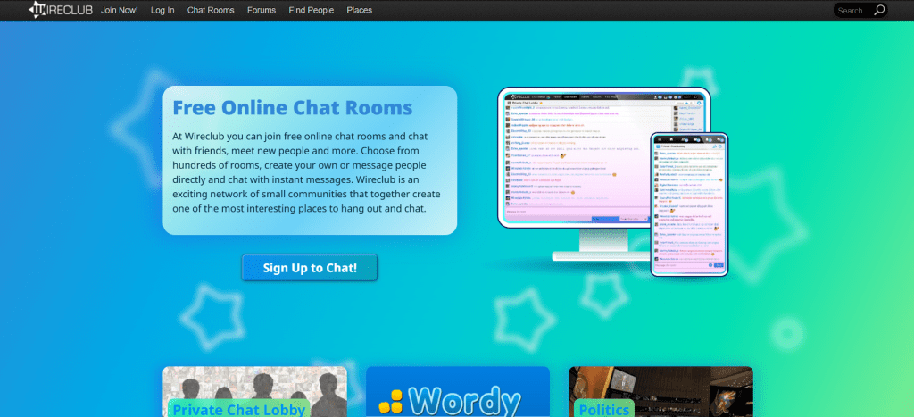 Wireclub online chat platform for meeting strangers, joining chat rooms, and talking to new people through live text and social conversations.