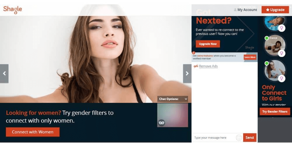 Shagle web and mobile interface showing live video chat rooms, random pairing system, and global online chat features.