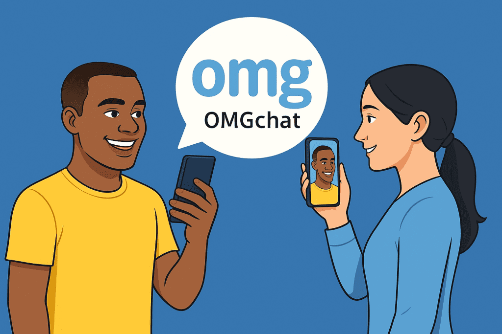 OMGChat interface showing live cam chat rooms, 1v1 webcam matching, anonymous chat features, and online video chat community for talking to strangers