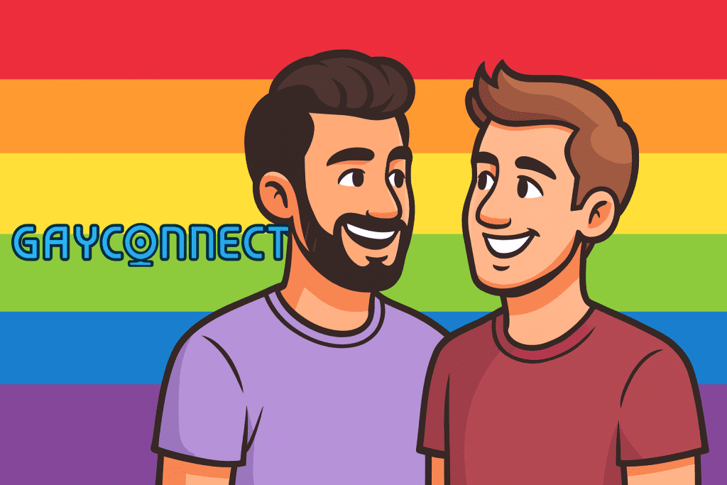 GayConnect interface showing live gay cam chat, 1v1 webcam matching, anonymous video chat options, and global LGBTQ+ online video chat community