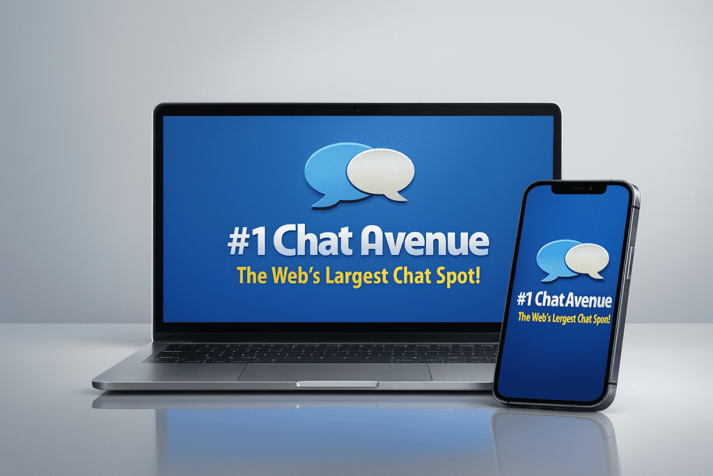 Chat Avenue interface showing multiple chat rooms, anonymous text and cam options, global stranger chat features, and online video chat community for meeting new people