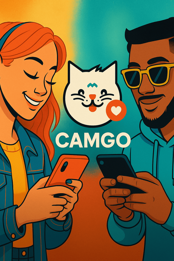 Camgo web and app interface showing random pairing system, live cam chat features, and global online video chat community.