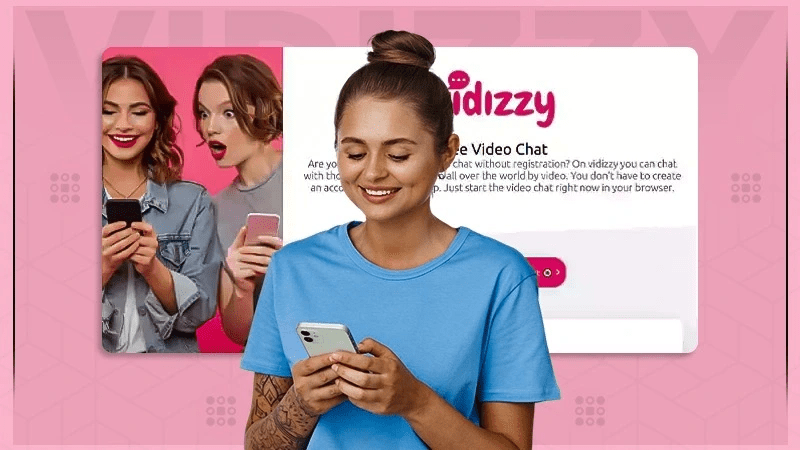 Vidizzy web and app interface showing random pairing system, live video chat features, and worldwide cam community.