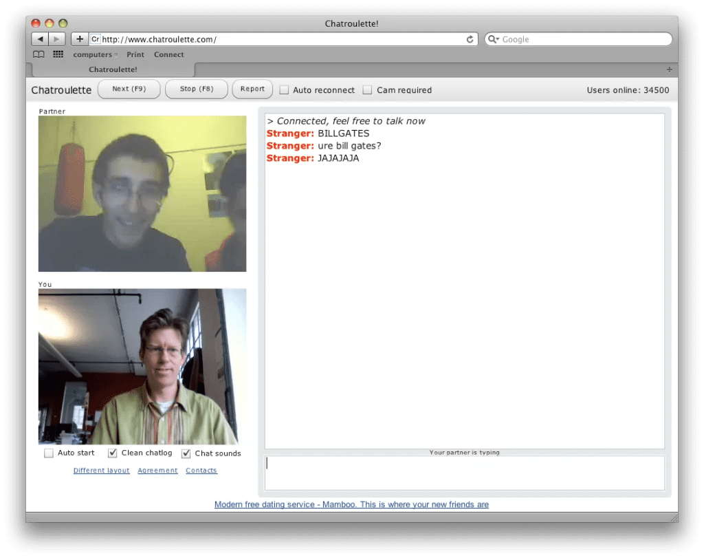 Chatroulette web and mobile interface showing random pairing system, live cam chat screen, and online video chat features.
