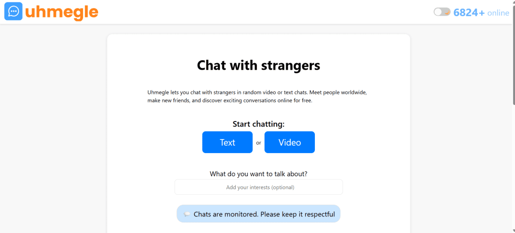 Uhmegle random video chat platform for live cam-to-cam conversations, meeting strangers online, and chatting instantly worldwide.