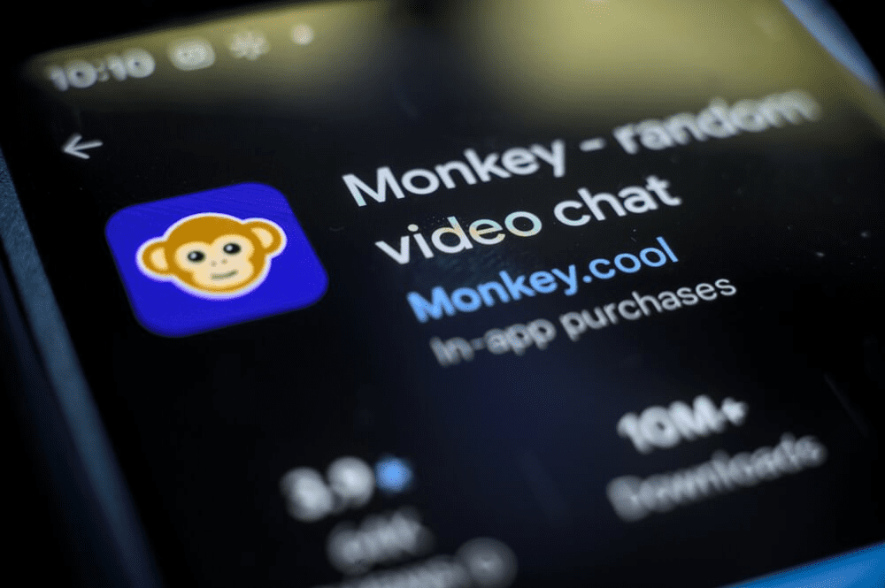 Monkey App mobile and web interface showing live cam chat features, random pairing system, and social video chat community.