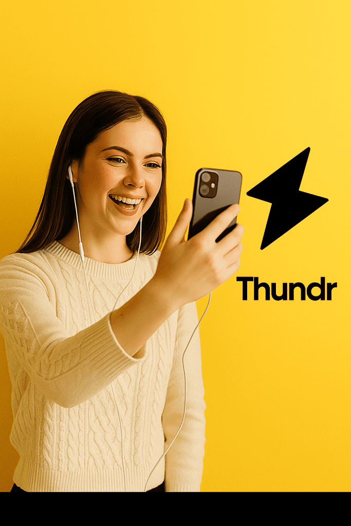 Thundr web and mobile interface showing random pairing system, live video chat features, and global online cam community.