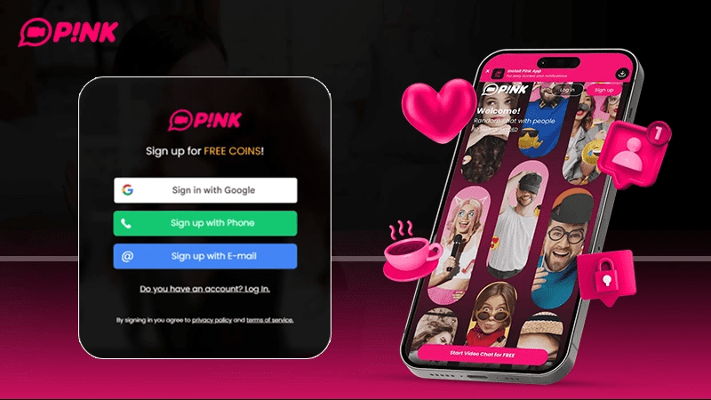 Pink Video Chat web and mobile interface showing random pairing system, live cam chat features, and global online video chat community.