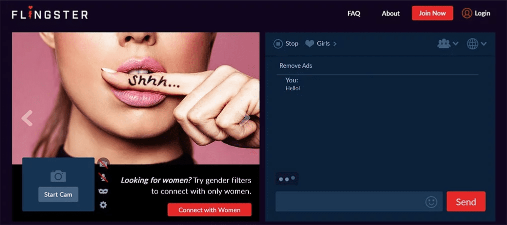 Flingster web and mobile interface showing random pairing system, live video chat with strangers, and online cam community features.