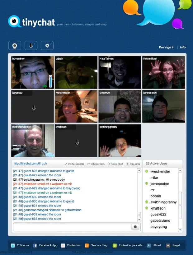 Tinychat web and mobile interface showing live chat rooms, group video call features, and online community cam interactions.