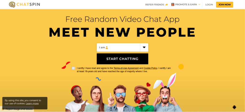 Chatspin random video chat platform with gender and location filters for live cam-to-cam conversations and meeting strangers online.