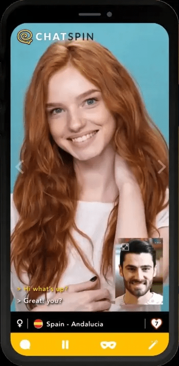 Chatspin web and mobile interface showing gender filters, random pairing system, and live video chat features for connecting with strangers worldwide.