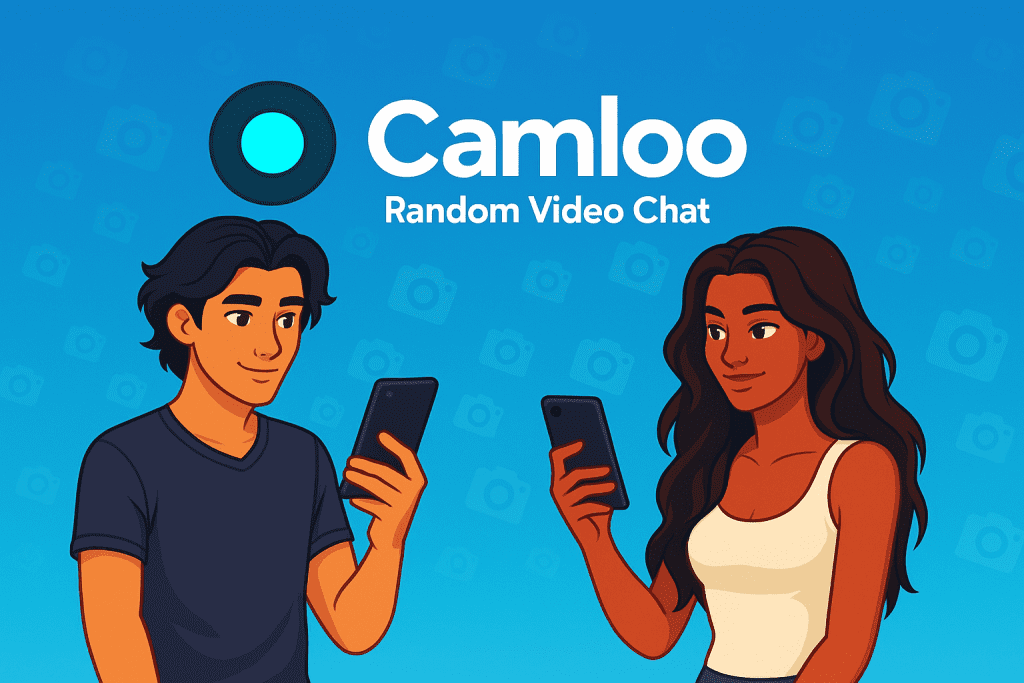 Camloo app and web interface showing random pairing system, live cam chat features, and online communication with strangers.