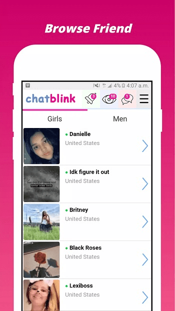Chatblink web and mobile interface showing random pairing system, live webcam chat features, and global online video chat community.