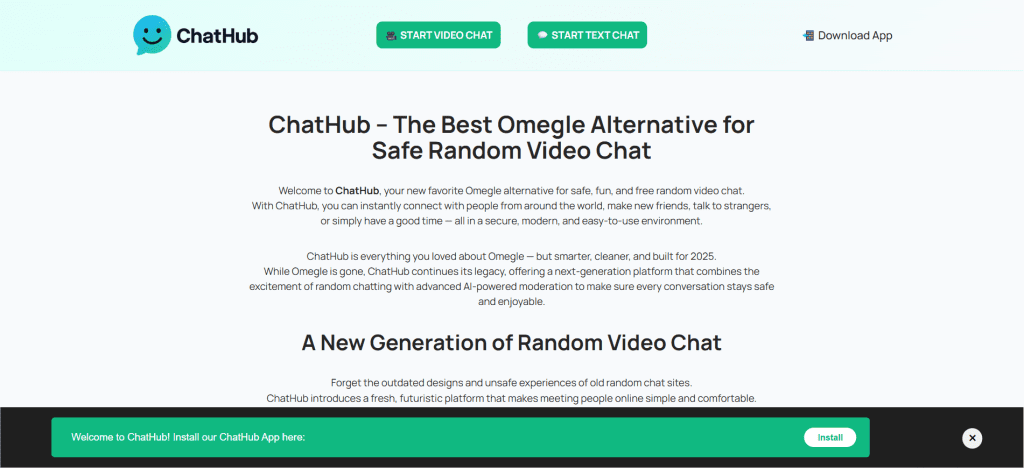 ChatHub random video chat platform with gender filters and instant cam-to-cam pairing for meeting strangers online.