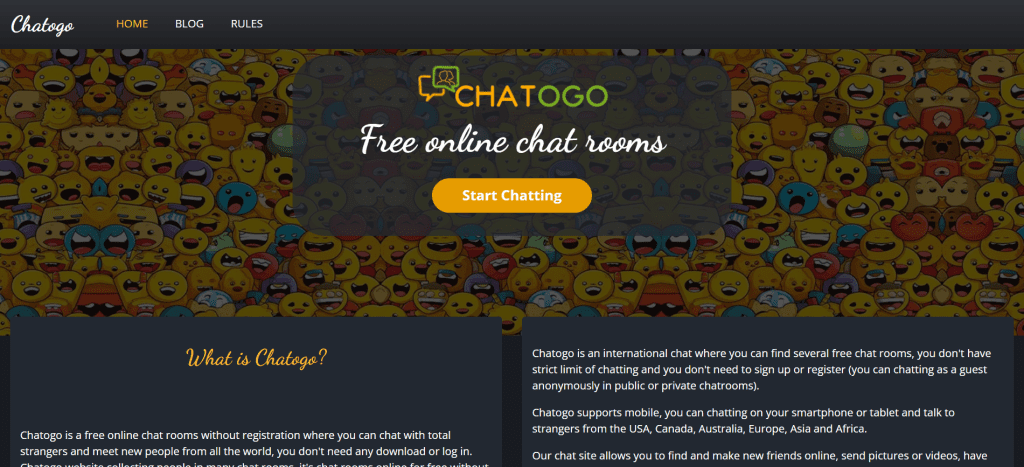 Chatogo online chat platform for meeting strangers, joining chat rooms, and talking to new people through text and cam chat options.