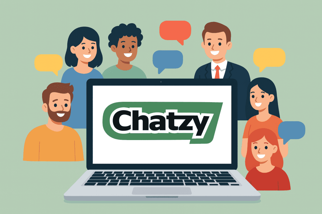 Chatzy web interface showing private chat room creation, live messaging features, and online community chat options.