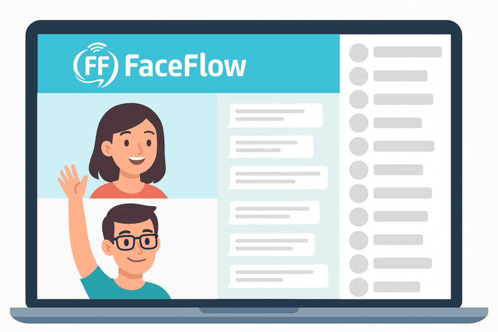 FaceFlow web and mobile interface showing group video call features, random chat options, and real-time online cam interactions.