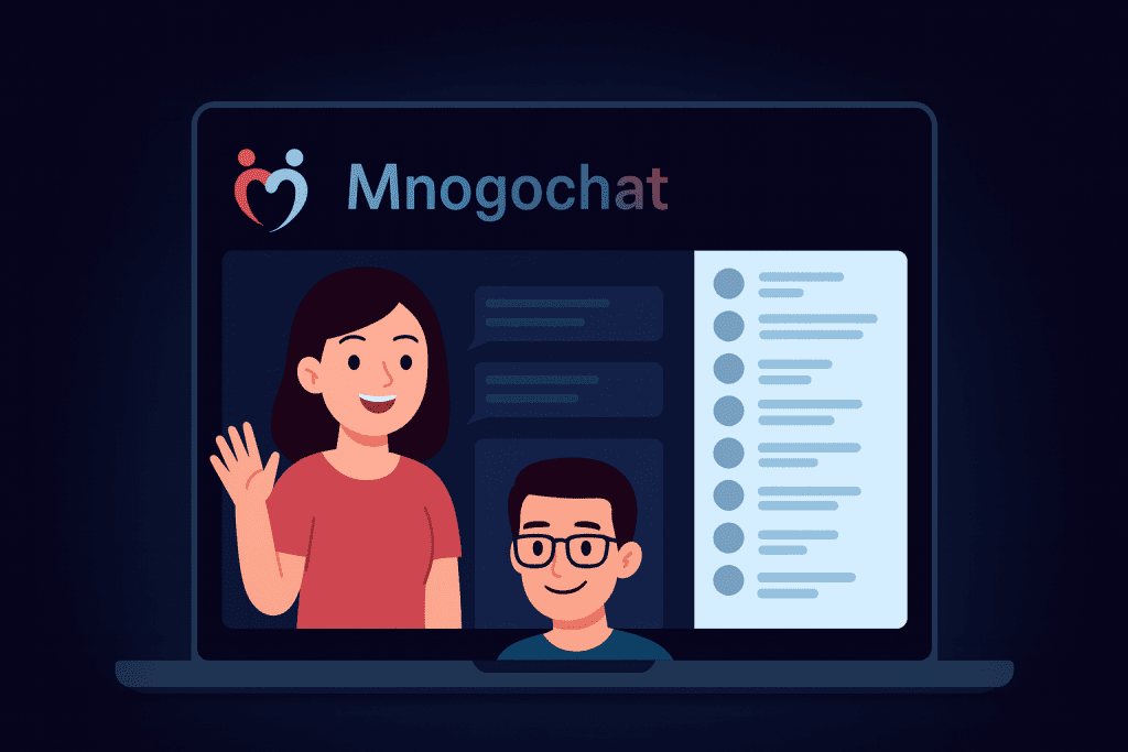 Mnogochat web and mobile interface showing random pairing system, live cam chat features, and global video chat community.