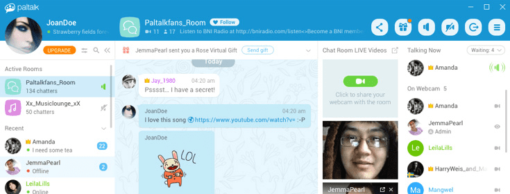 Paltalk web and mobile interface showing live video chat rooms, group conversation features, and global online chat community tools.