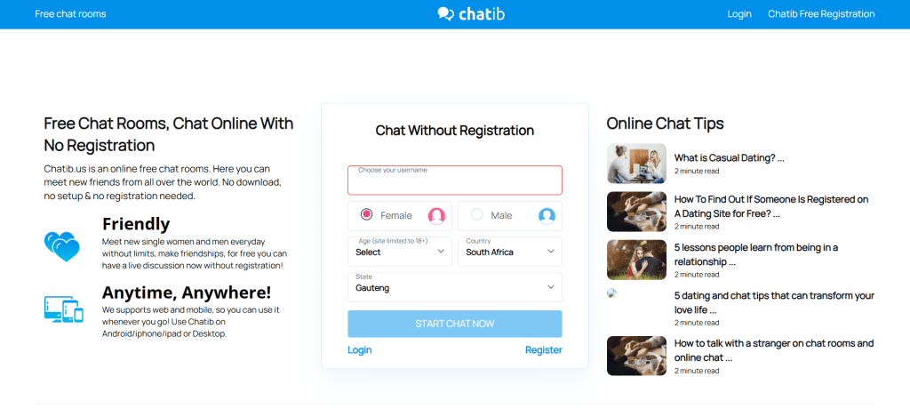 Chatib free online chat platform for meeting strangers, joining text chat rooms, and talking to new people instantly.