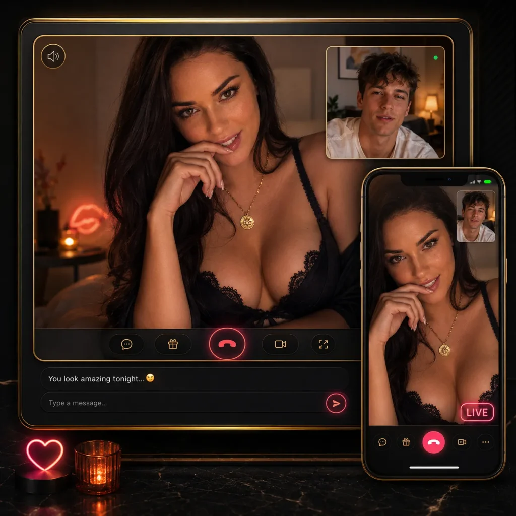 18+ video chat scene showing a woman on a large video call screen with phone preview and black-gold neon accents
