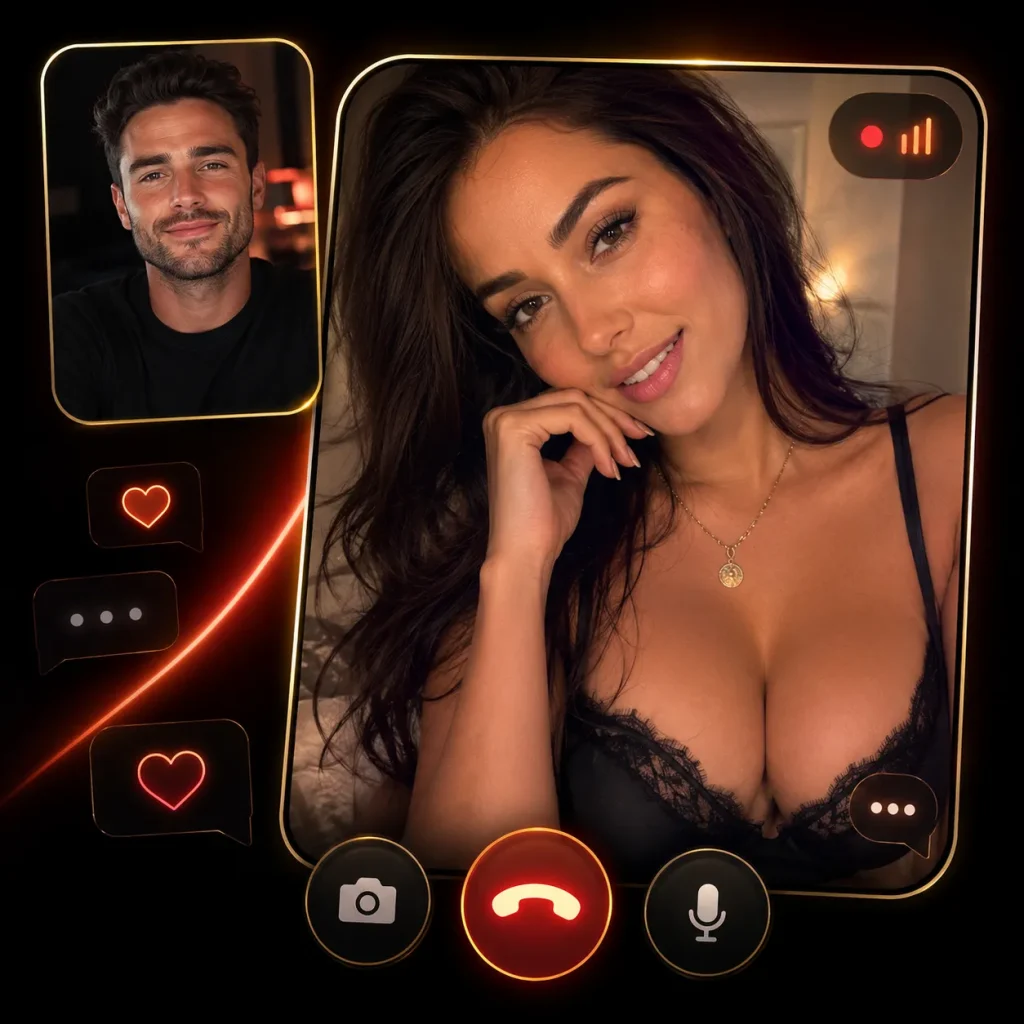 18+ video chat app concept with adult video call controls, glowing hearts, and warm OilyCam-style lighting