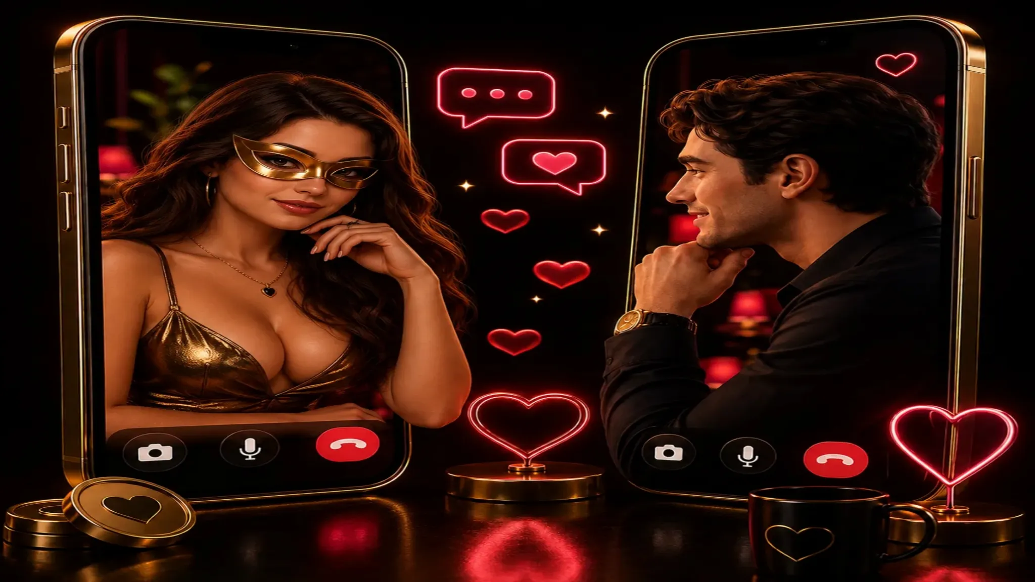 1v1 chat concept showing a masked brunette woman and man connecting through a dark neon video call interface