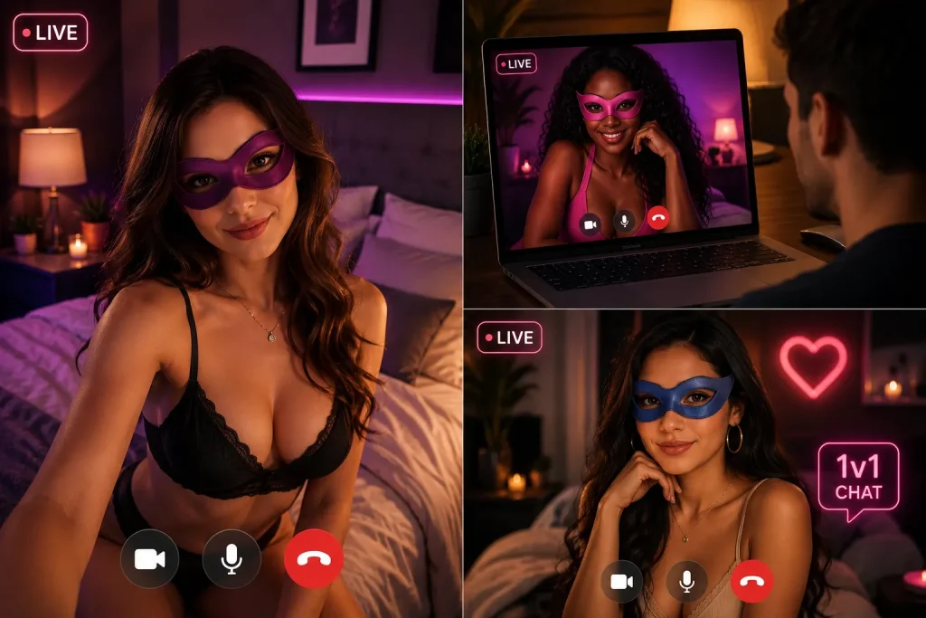 1v1 chat collage showing anonymous women with colorful masks in dark OilyCam-style video call rooms