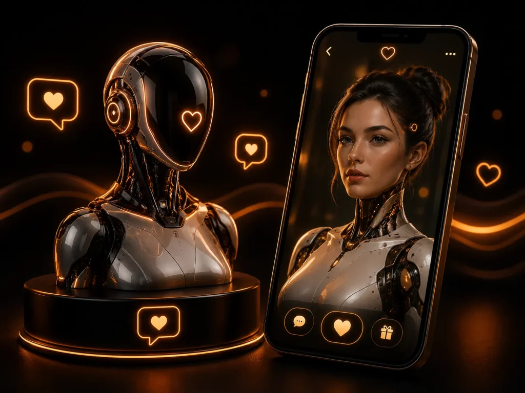 AI video chat platform with a futuristic robot companion and mobile app design