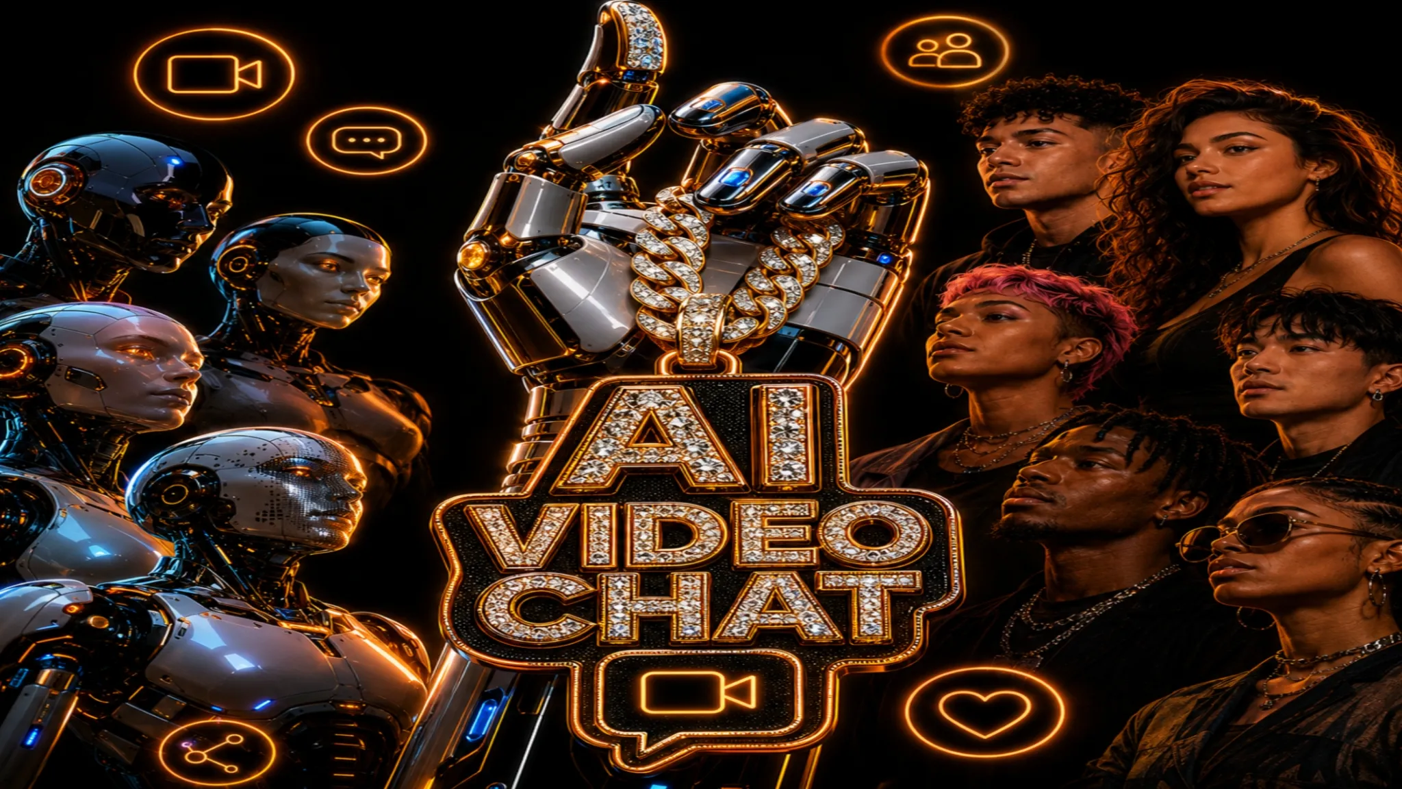 AI video chat concept art with humans and robots around a jeweled hand and neon app icons