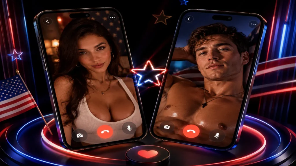 American Random Video Call shown on two phone screens with USA flag colors and OilyCam-inspired neon styling