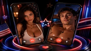 American Random Video Call shown on two phone screens with USA flag colors and OilyCam-inspired neon styling