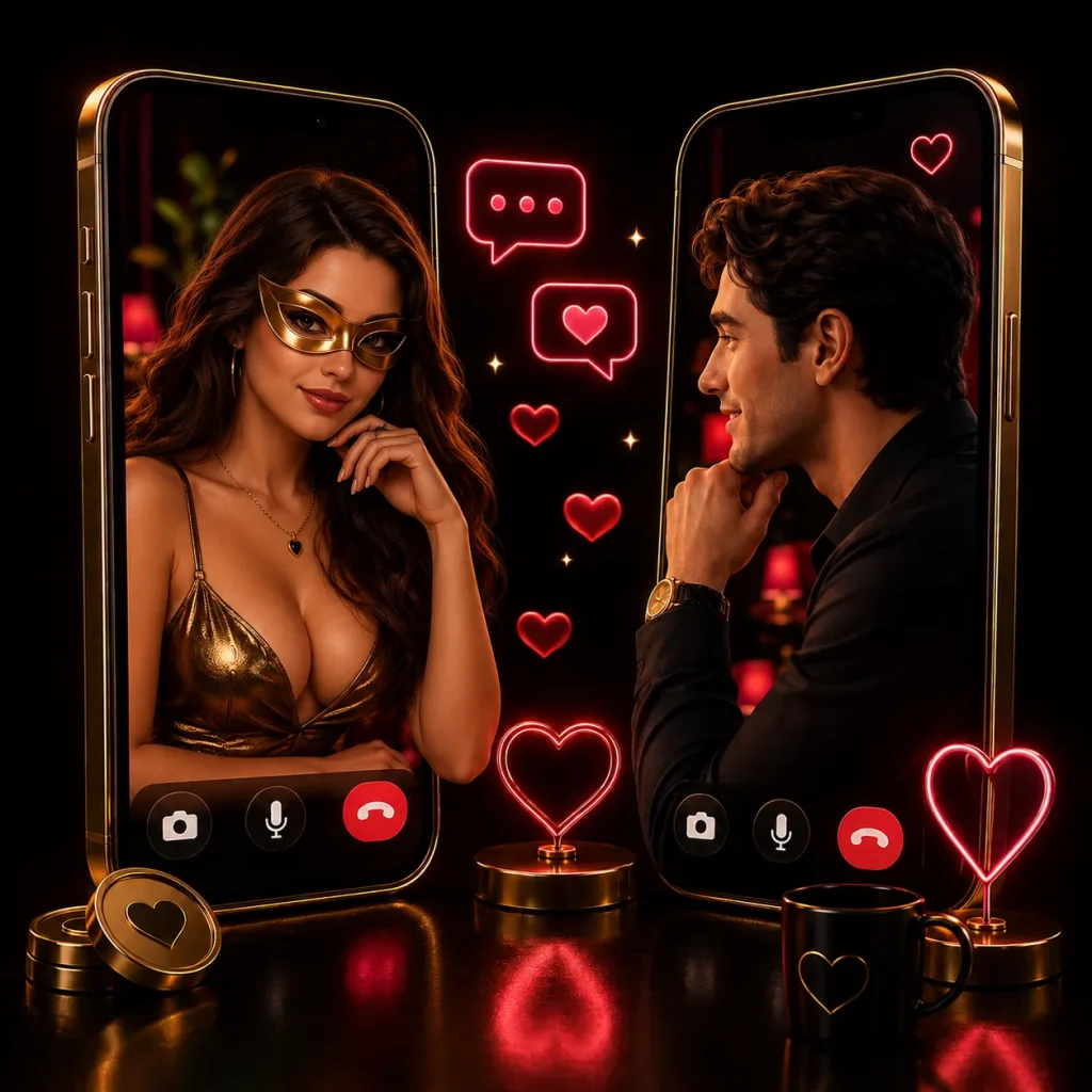 Anonymous chat mobile video call with a brunette woman wearing gold mask glasses in a black and gold neon theme