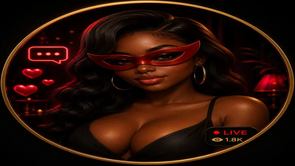 Anonymous chat profile image of an ebony woman wearing red mask glasses in a dark OilyCam-style live chat design