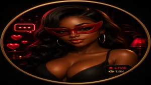 Anonymous chat profile image of an ebony woman wearing red mask glasses in a dark OilyCam-style live chat design