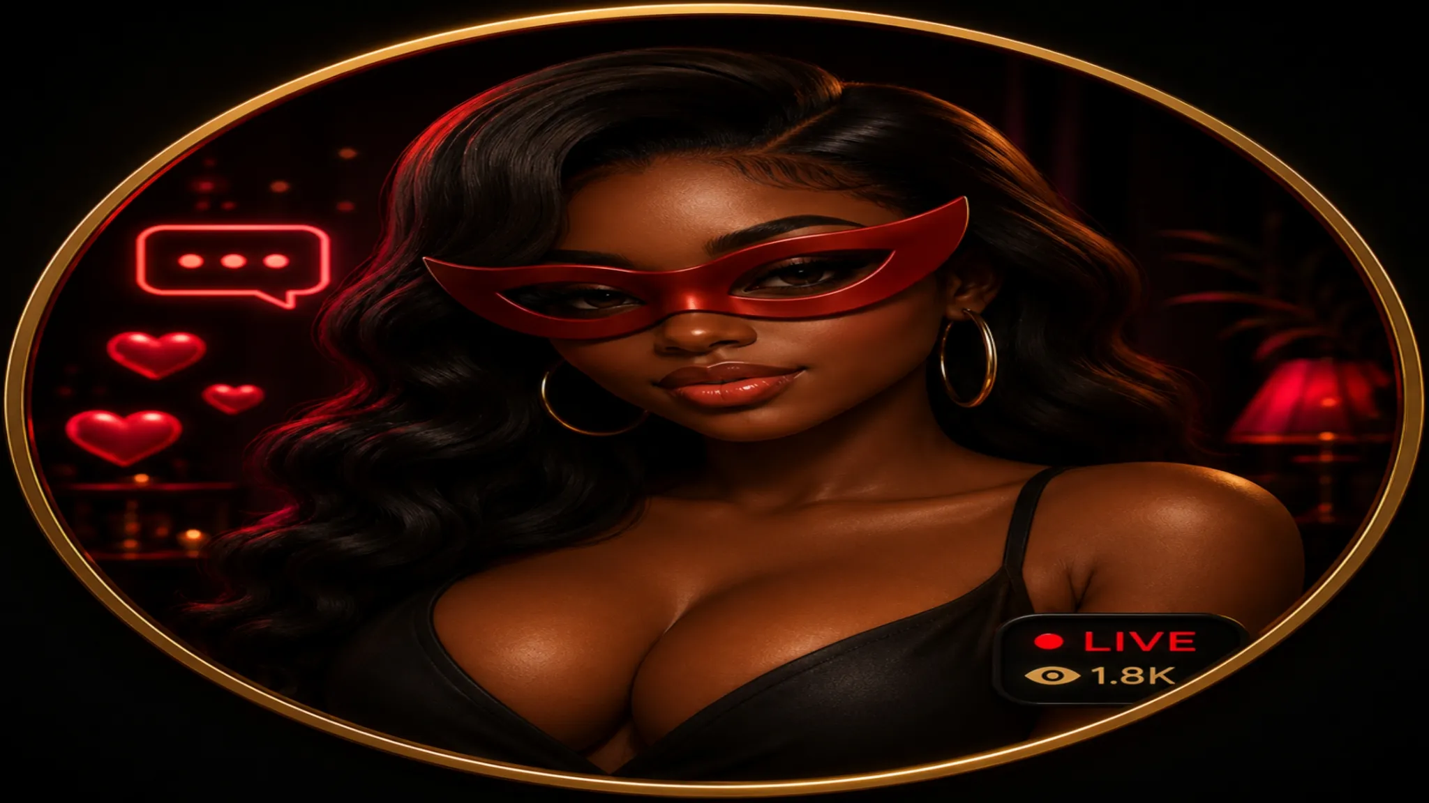 Anonymous chat profile image of an ebony woman wearing red mask glasses in a dark OilyCam-style live chat design