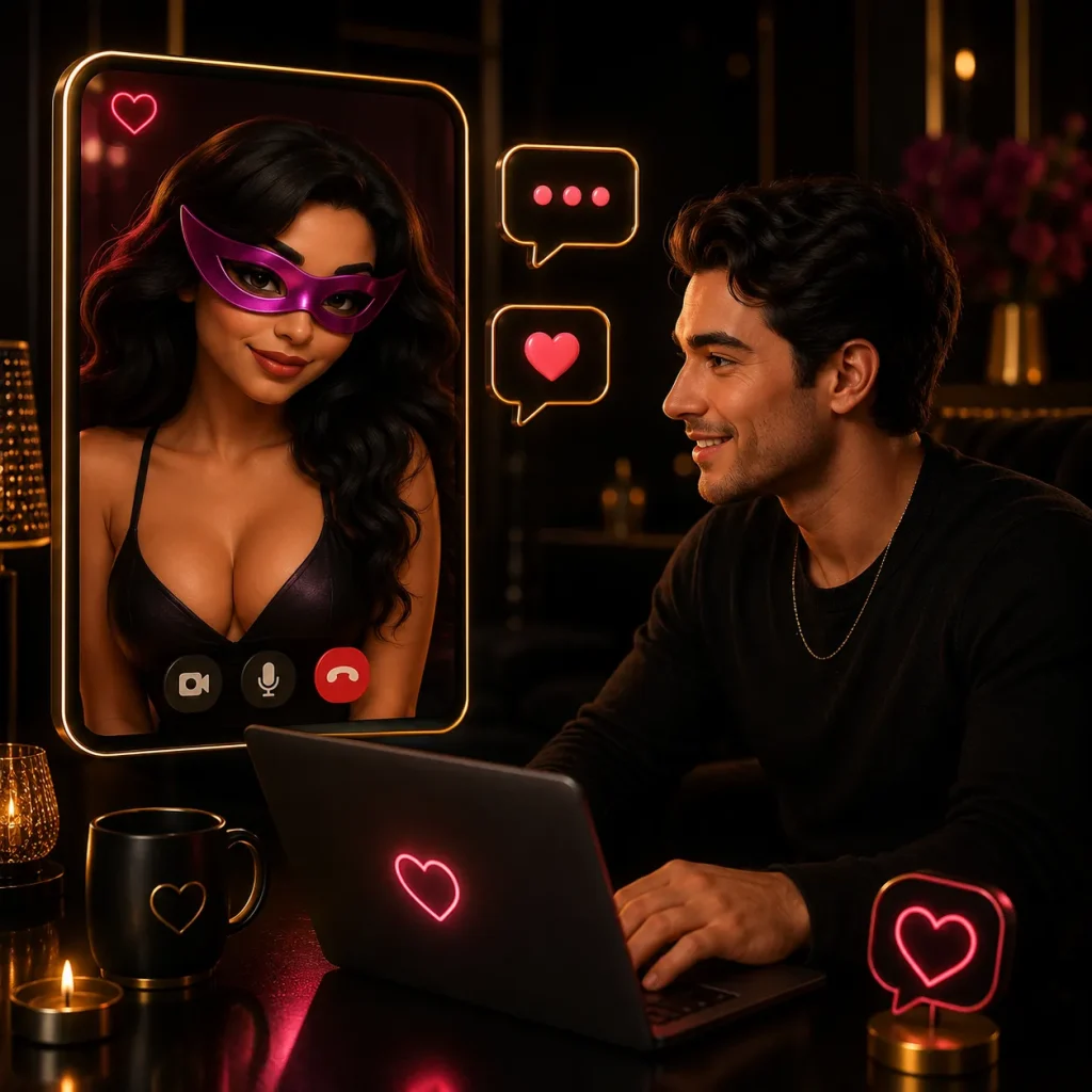 Anonymous chat video call scene with a Latina woman wearing purple mask glasses while talking to a man online