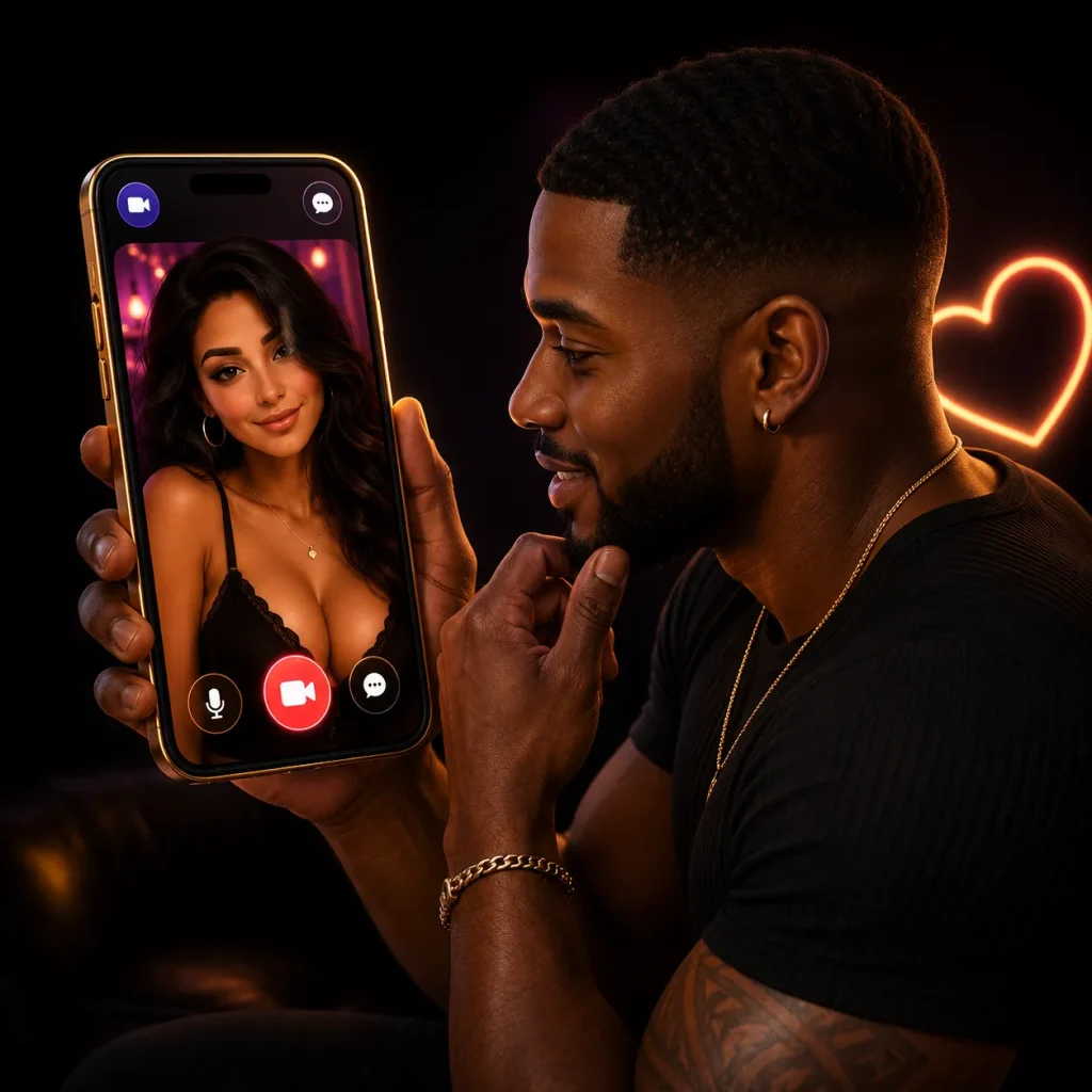 Best free video call app to chat with a random girl showing a man holding a phone during a one-on-one video call in a dark OilyCam-style neon setting.