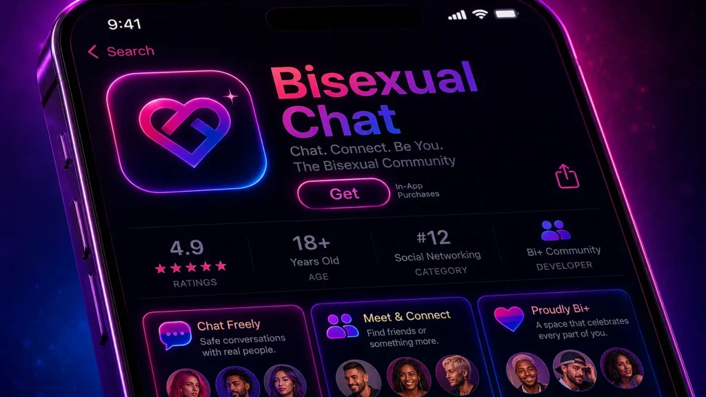 Bi chat app mockup with neon pink, purple, and blue colors on a modern smartphone screen