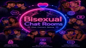 Bisexual chat rooms image with a glowing digital earth, bi pride colors, diverse people, and chat connection icons