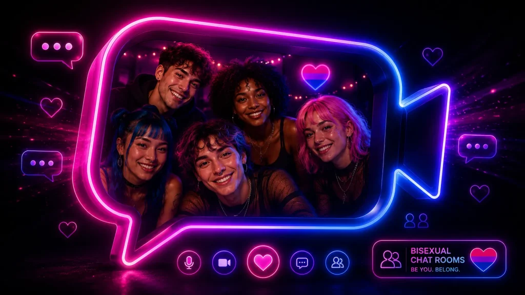 Bisexual chat rooms video chat concept with neon pink, purple, and blue lighting around a group cam interface