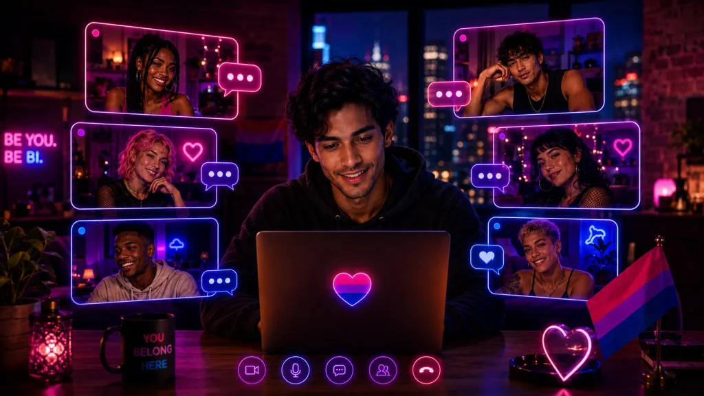 Bisexual chat rooms online community scene with a laptop, profile windows, bi pride flag, and glowing chat icons