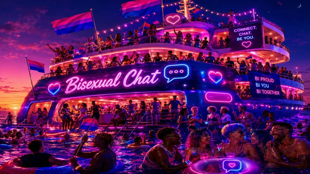 Bi chat cruise scene with glowing pride lights, bi flags, and people connecting in a social setting